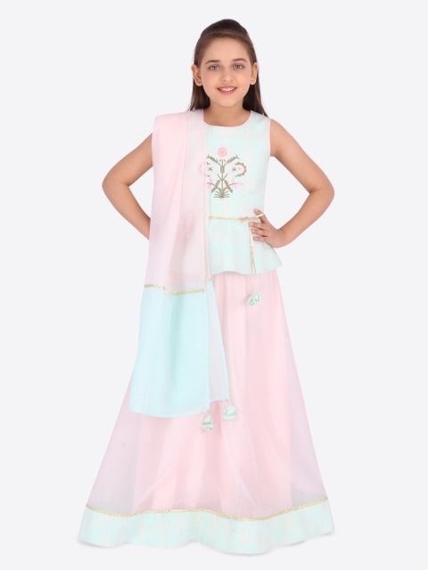 CUTECUMBER Girls Pink & Turquoise Blue Embroidered Ready to Wear Lehenga & Blouse with Dupatta
CUTECUMBER Girls Pink & Turquoise Blue Embroidered Ready to Wear Lehenga & Blouse with Dupatta