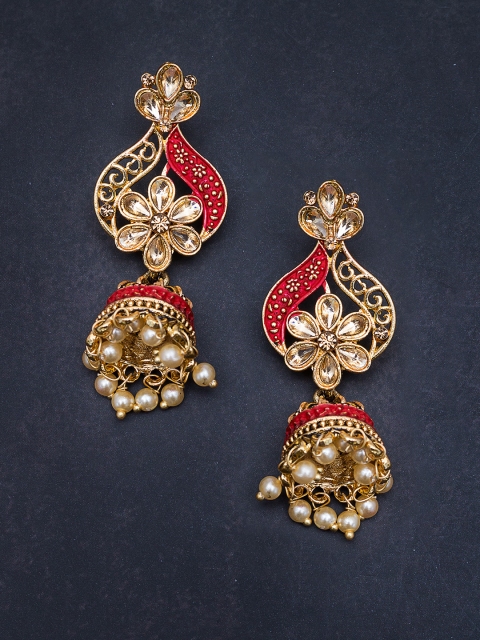 Golden Peacock Red & Antique Gold-Toned Stone-Studded Meenakari-Work Dome Shaped Jhumkas
Golden Peacock Red & Antique Gold-Toned Stone-Studded Meenakari-Work Dome Shaped Jhumkas