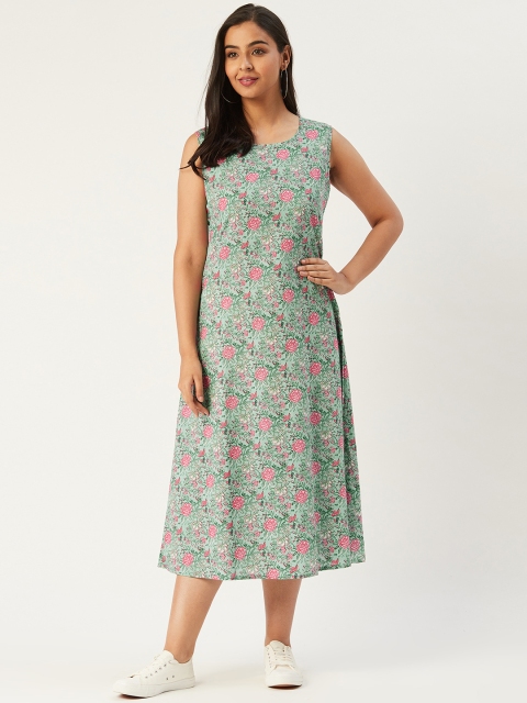 Molcha Women Green & Pink Floral Print A-Line Dress