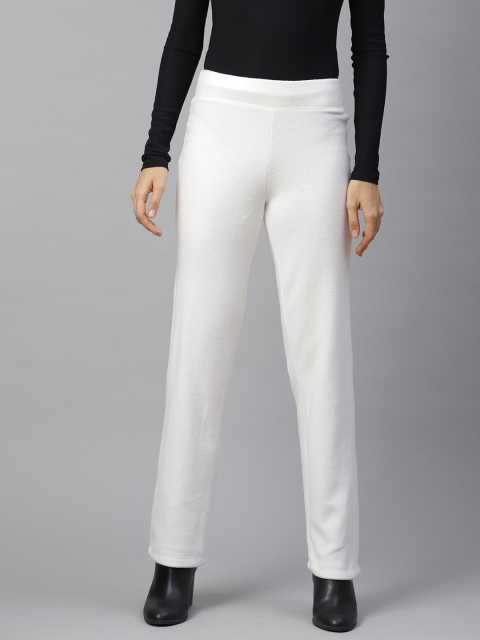 Marks & Spencer Women White Slim Fit Solid Fleece Parallel Trousers