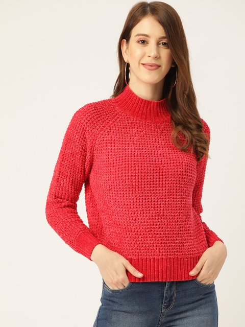 Madame Women Coral Red Solid Pullover