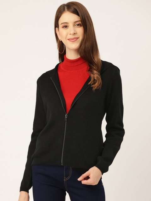 Madame Women Black Solid Hooded Cardigan
