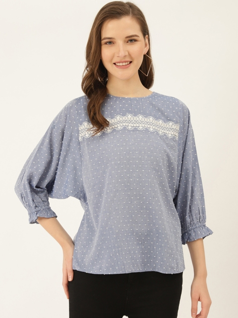 Label Ritu Kumar Women Blue Embroidered Chambray Pure Cotton Top