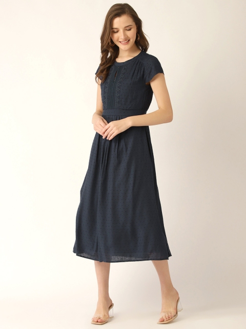 Label Ritu Kumar Women Navy Blue Self Design A-Line Dress