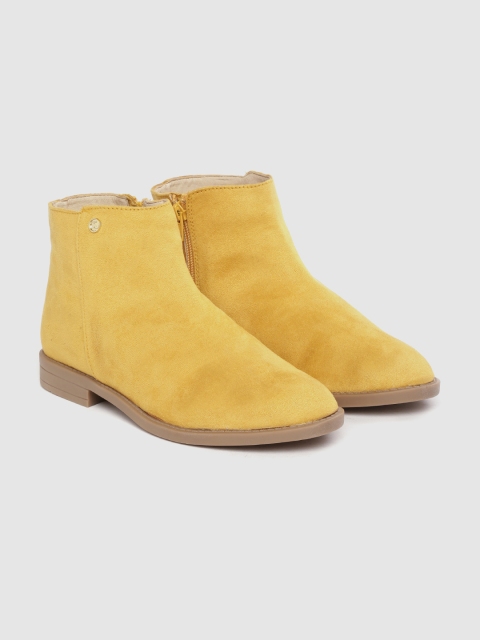 Carlton London Women Mustard Yellow Solid Mid-Top Flat Boots