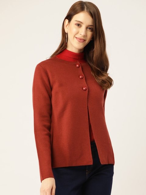 Madame Women Rust Red Solid Cardigan