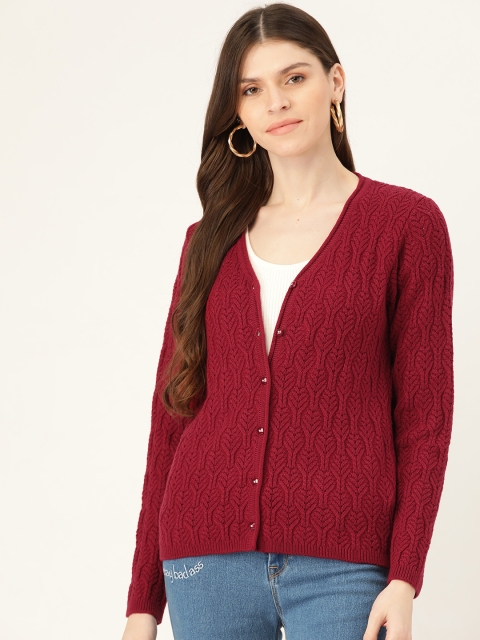 Madame Women Maroon Self Design Cardigan