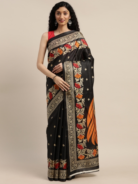GoSriKi Black & Beige Art Silk Printed Saree