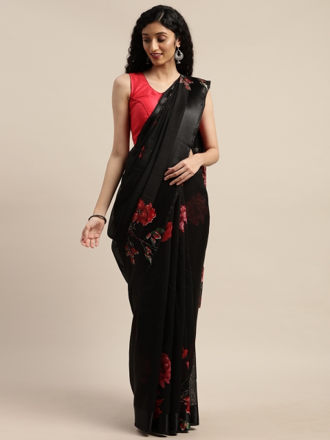 GoSriKi Black & Red Linen Blend Printed Saree