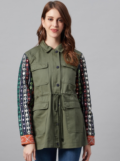 I AM FOR YOU Women Olive Green Solid Tailored Jacket With Embellished Details
I AM FOR YOU Women Olive Green Solid Tailored Jacket With Embellished Details