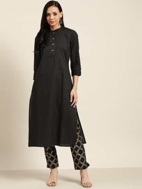 Sangria Women Black & Golden Solid Straight Kurta with Ethnic Motifs Printed Trousers
Sangria Women Black & Golden Solid Straight Kurta with Ethnic Motifs Printed Trousers