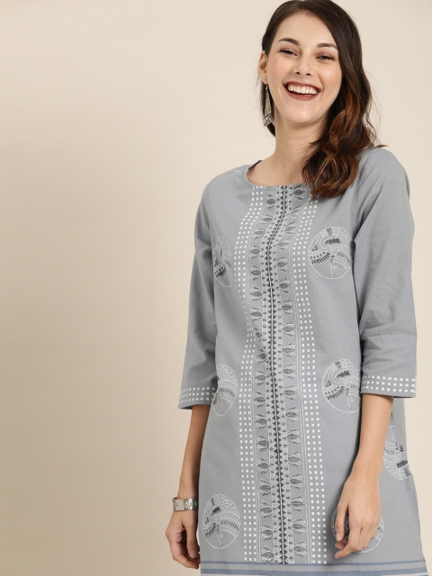 Taavi Women Blue & White Madhubani Hand Block Printed Sustainable Straight Kurta