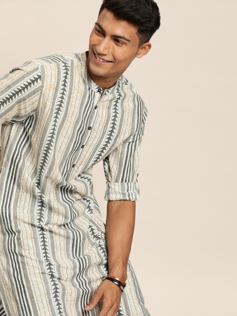 Taavi Men Off-White & Grey Madhubani Printed Straight Kurta with Roll-Up Sleeves