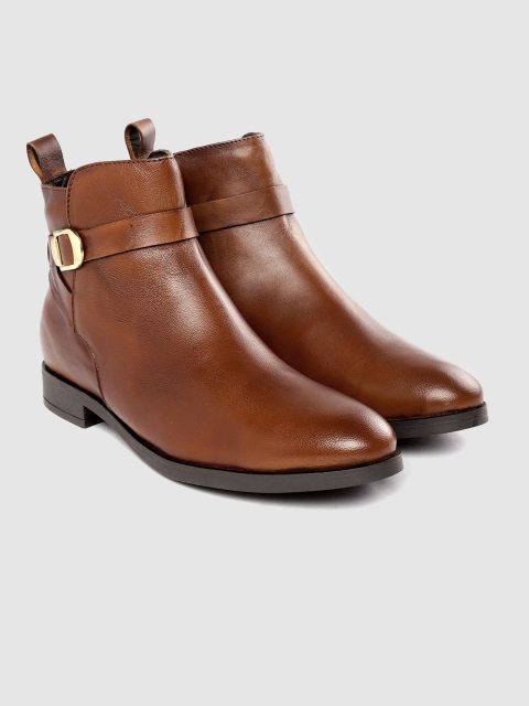CORSICA Women Tan Brown Solid Leather Mid-Top Flat Boots