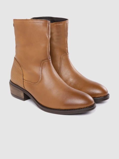CORSICA Women Tan Brown Solid Leather Mid-Top Flat Boots