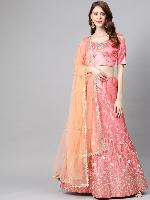 SHOPGARB Pink & Peach-Coloured Embroidered Semi-Stitched Lehenga & Unstitched Blouse with Dupatta