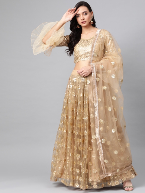 SHOPGARB Beige & Golden Embellished Semi-Stitched Lehenga & Unstitched Blouse with Dupatta