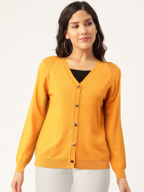 Madame Women Mustard Yellow Solid Cardigan