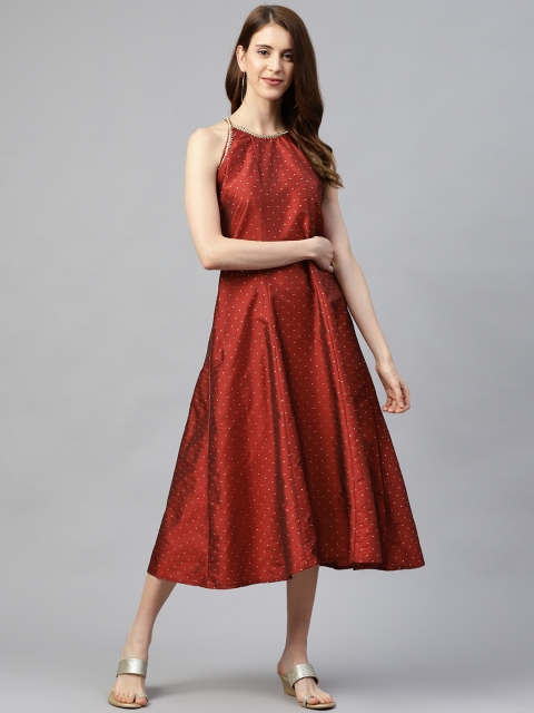 SIAH Women Rust Orange & Golden Dobby Weave A-Line Dress
