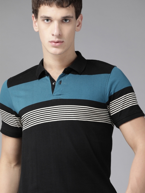 Roadster Men Black & Teal Blue Pure Cotton Striped Polo Collar T-shirt