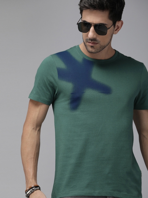 Roadster Men Green & Blue Pure Cotton Printed Round Neck T-shirt