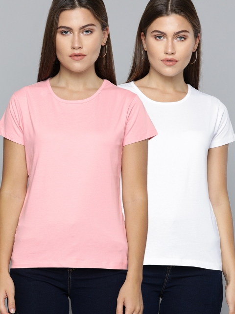 HERE&NOW Women Pink Solid Round Neck T-shirt