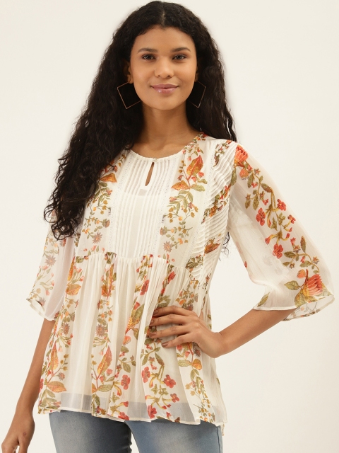 Label Ritu Kumar Women Off-White & Red Floral Print A-Line Top
