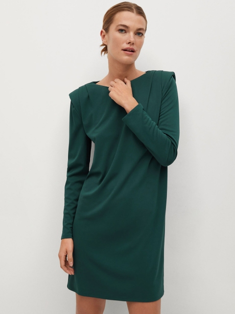 MANGO Women Green Solid A-Line Shift Dress with Shoulder Pads