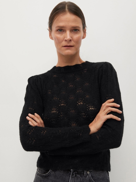 MANGO Women Black Open-Knitted Pullover