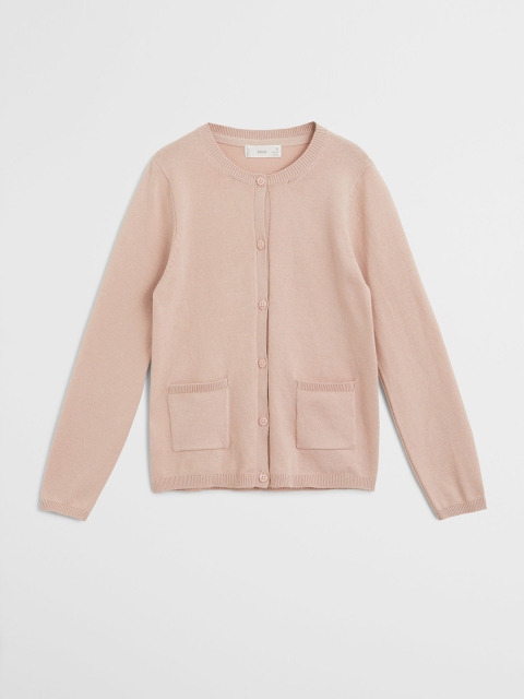 Mango Kids Girls Peach-Coloured Solid Cardigan Sweater