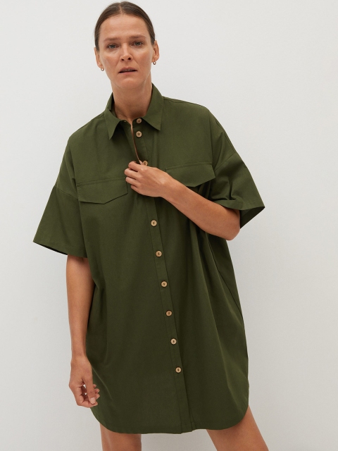 MANGO Women Olive Green Solid Oversized Shirt Dress