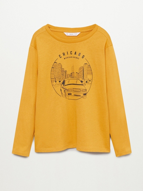 Mango Kids Boys Yellow & Black Graphic Print Organic Cotton Round Neck T-shirt