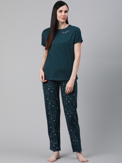 Marks & Spencer Women Teal & Pink Solid Night suit