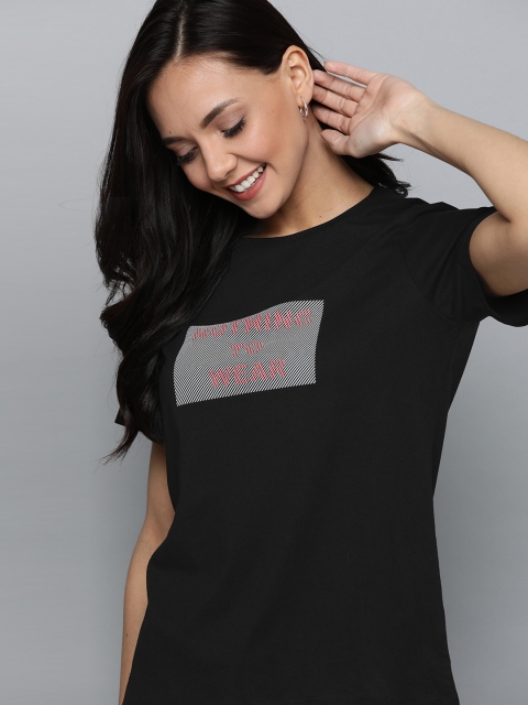 Mast & Harbour Women Black & Grey Pure Cotton Printed Round Neck T-shirt