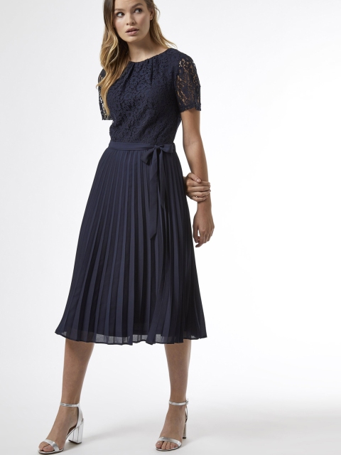 DOROTHY PERKINS Women Navy Blue Lace Detail Accordion Pleated Solid Fit and Flare Dress
DOROTHY PERKINS Women Navy Blue Lace Detail Accordion Pleated Solid Fit and Flare Dress