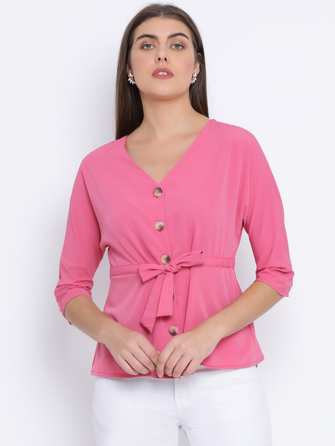Oxolloxo Women Pink Solid Cinched Waist Top 
Oxolloxo Women Pink Solid Cinched Waist Top