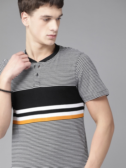 Roadster Men Black & White Pure Cotton Striped Henley Neck T-shirt