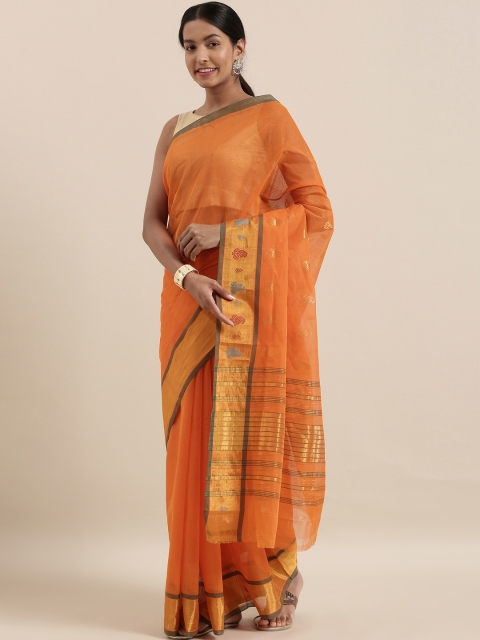 The Chennai Silks Orange & Gold-Toned Pure Cotton Woven Design Venkatgiri Sustainable Saree