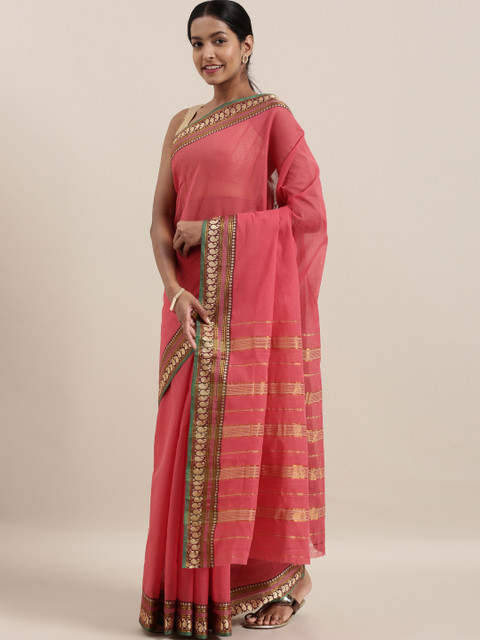 The Chennai Silks Pink & Gold-Toned Pure Cotton Solid Saree 
The Chennai Silks Pink & Gold-Toned Pure Cotton Solid Saree