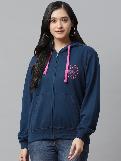 VividArtsy Women Navy Blue Oversized Solid Hooded Sweatshirt