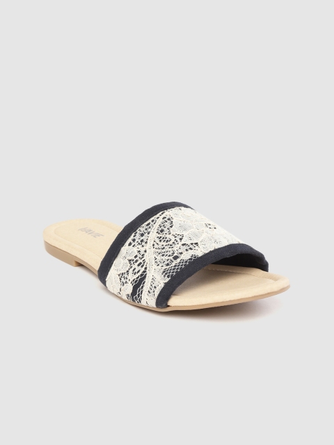 Lavie Women Off-White & Navy Blue Lace Open Toe Flats