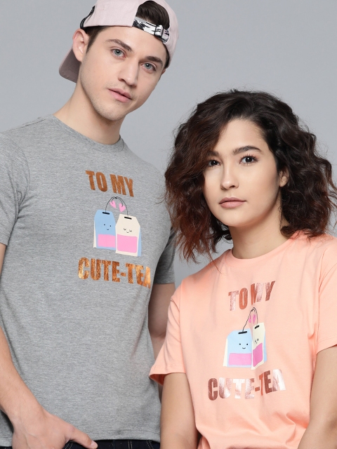 Kook N Keech Women Peach-Coloured & Golden Pure Cotton Printed Round Neck T-shirt