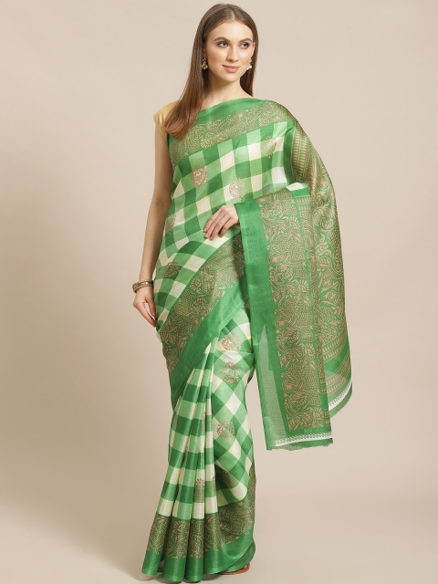 KALINI Green & Off-White Checked Mysore Silk Saree