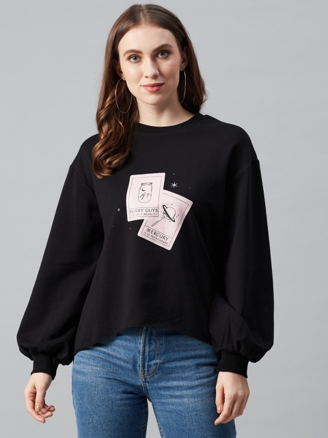Femella Women Black & Pink Printed Puff Sleeves Sweatshirt