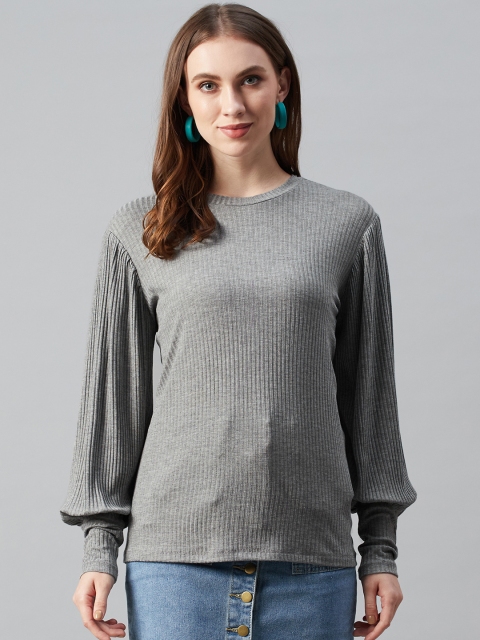 Femella Women Grey Melange Ribbed Puff Sleeves Top