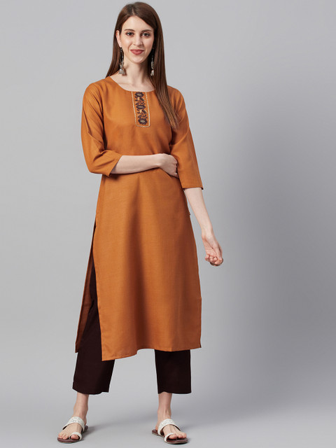 KSUT Women Mustard Yellow & Burgundy Embroidered Yoke Design Kurta with Solid Trousers
KSUT Women Mustard Yellow & Burgundy Embroidered Yoke Design Kurta with Solid Trousers