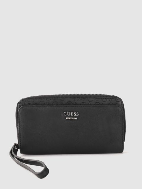 GUESS Women Black Brand Logo Textured Zip Around Wallet