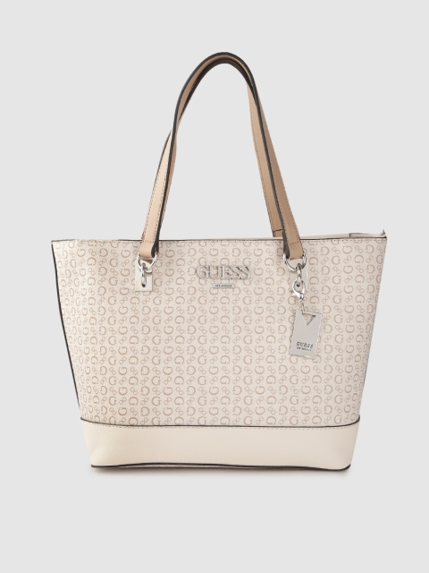 GUESS Off-White & Beige Brand Logo Print Shoulder Bag