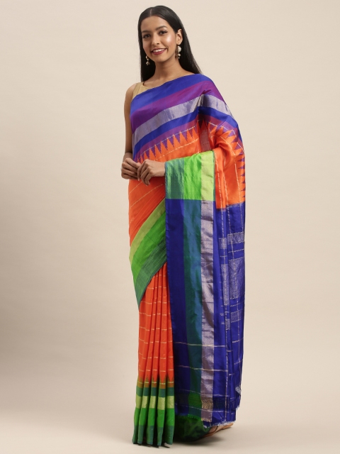 Taneira Orange & Green Pure Silk Striped Pochampally Saree