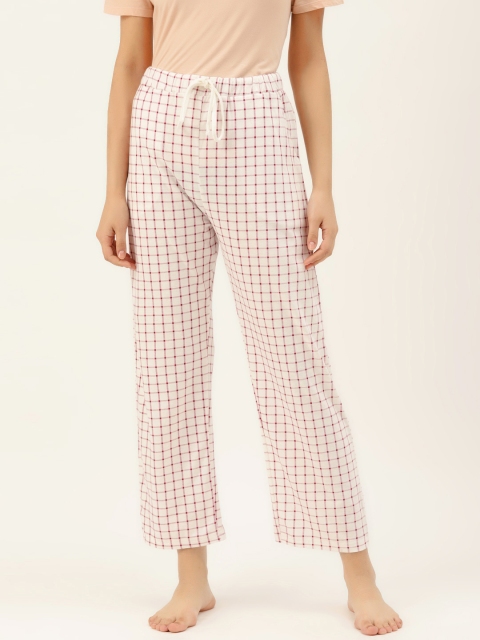 9teenAGAIN Women White & Maroon Checked Lounge Pants
